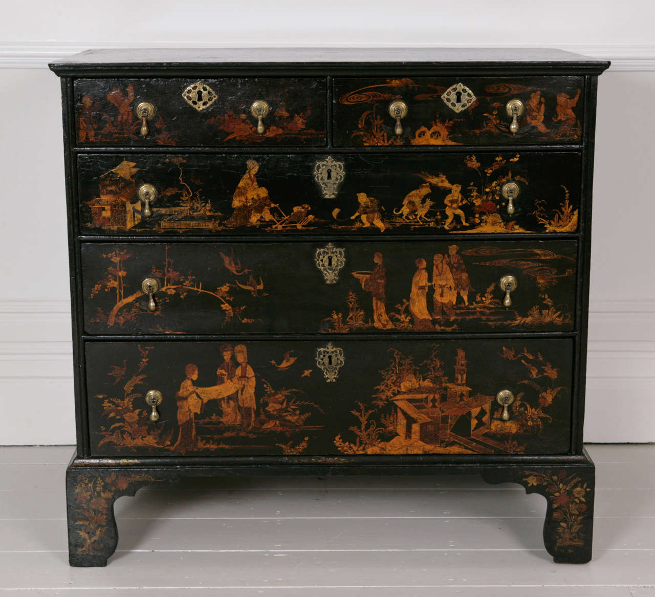 18th Century Queen Ann Black Lacquer, Chinese Chinoiserie Chest 4