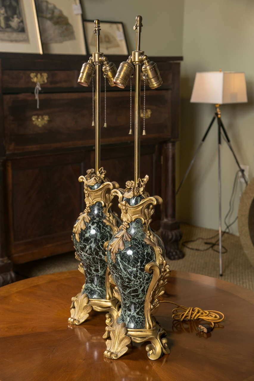 French Bronze and Marble Table Lamps, circa 1800s In Excellent Condition For Sale In Stamford, CT