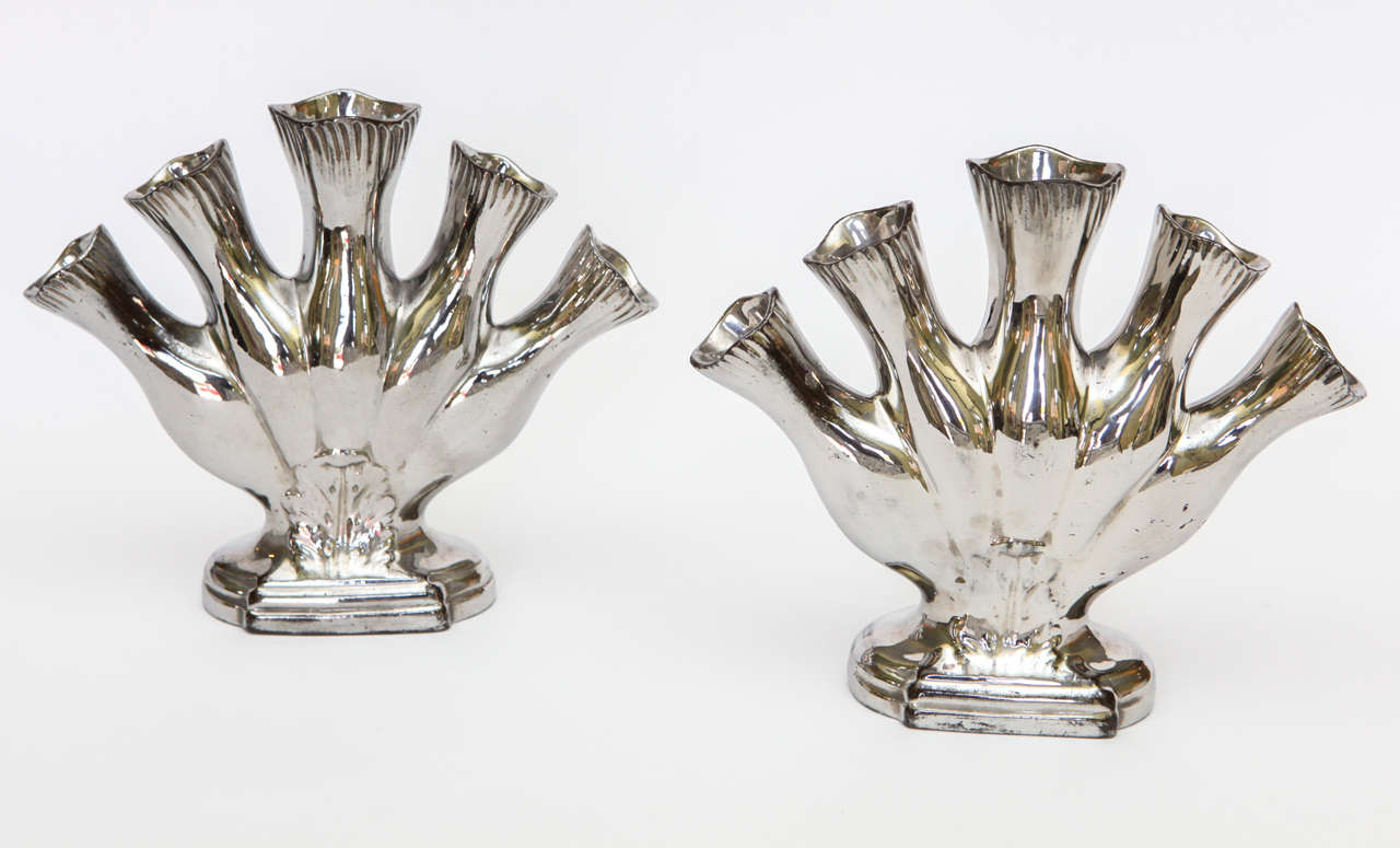 Rare Pair of English Silver Luster Five Finger Vases