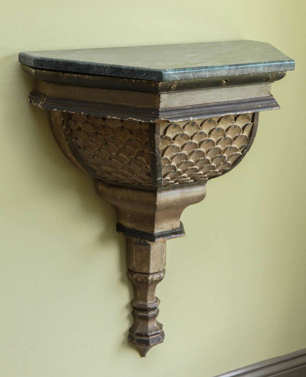 A French Small Carved and Painted Wall Hung Console with Marble Top, 19th century.