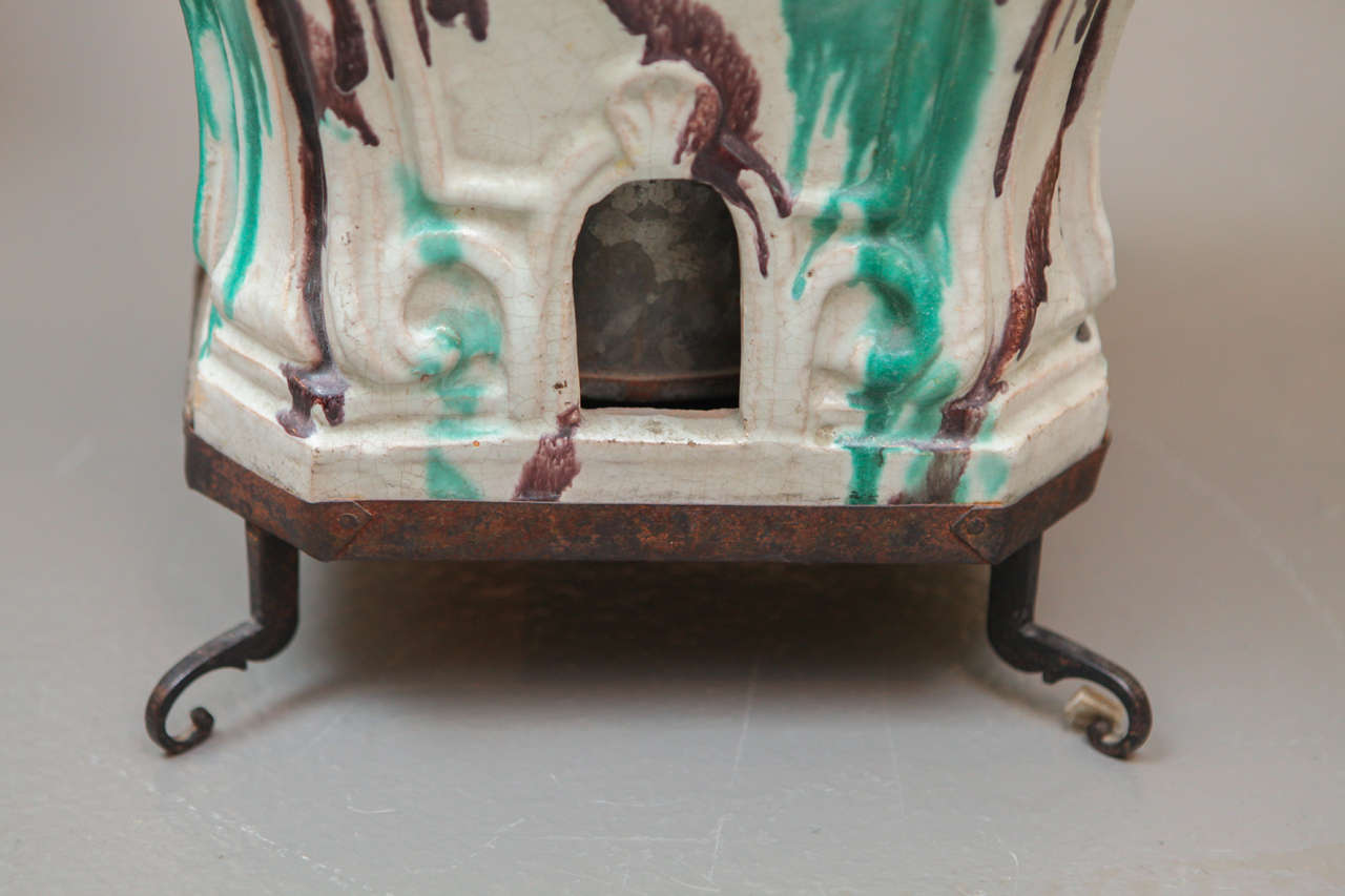 Italian Faience Stove with Wrought Iron Base In Excellent Condition In Los Angeles, CA