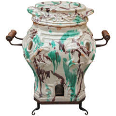 Italian Faience Stove with Wrought Iron Base