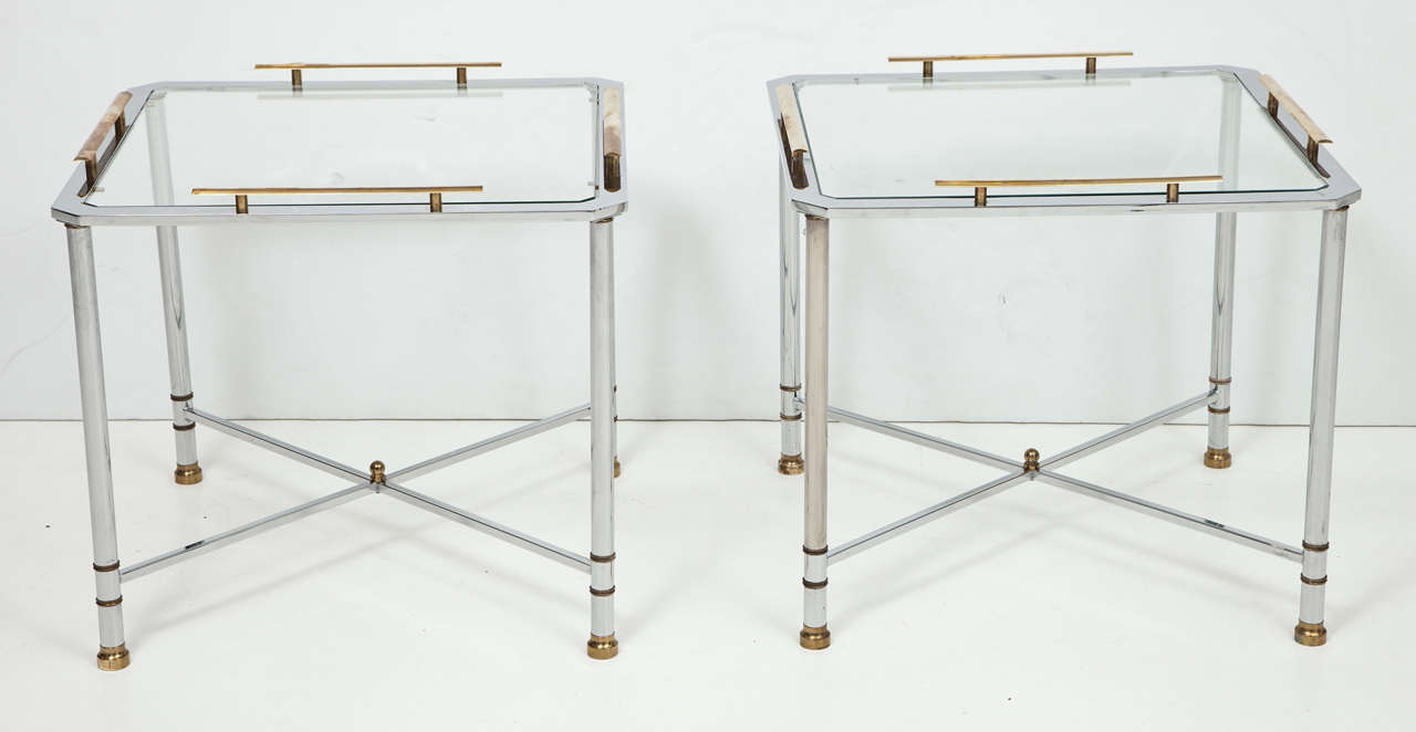 Pair of Chrome and Brass Chinoiserie Glass Top Side Tables by Mastercraft