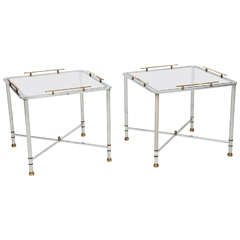 Pair of Chrome and Brass Chinoiserie Glass Top Side Tables by Mastercraft