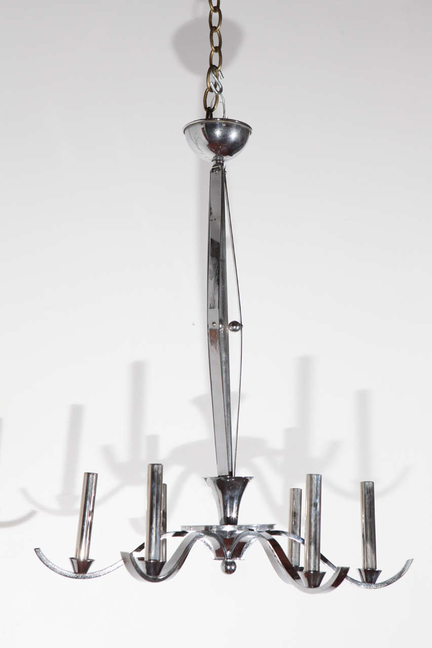 Six-arm nickel chandelier from France. Newly rewired for six 60 watt bulbs.