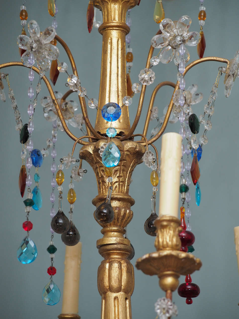 Carved Genovese Chandelier with Colored Murano Glass, circa 1920 For Sale