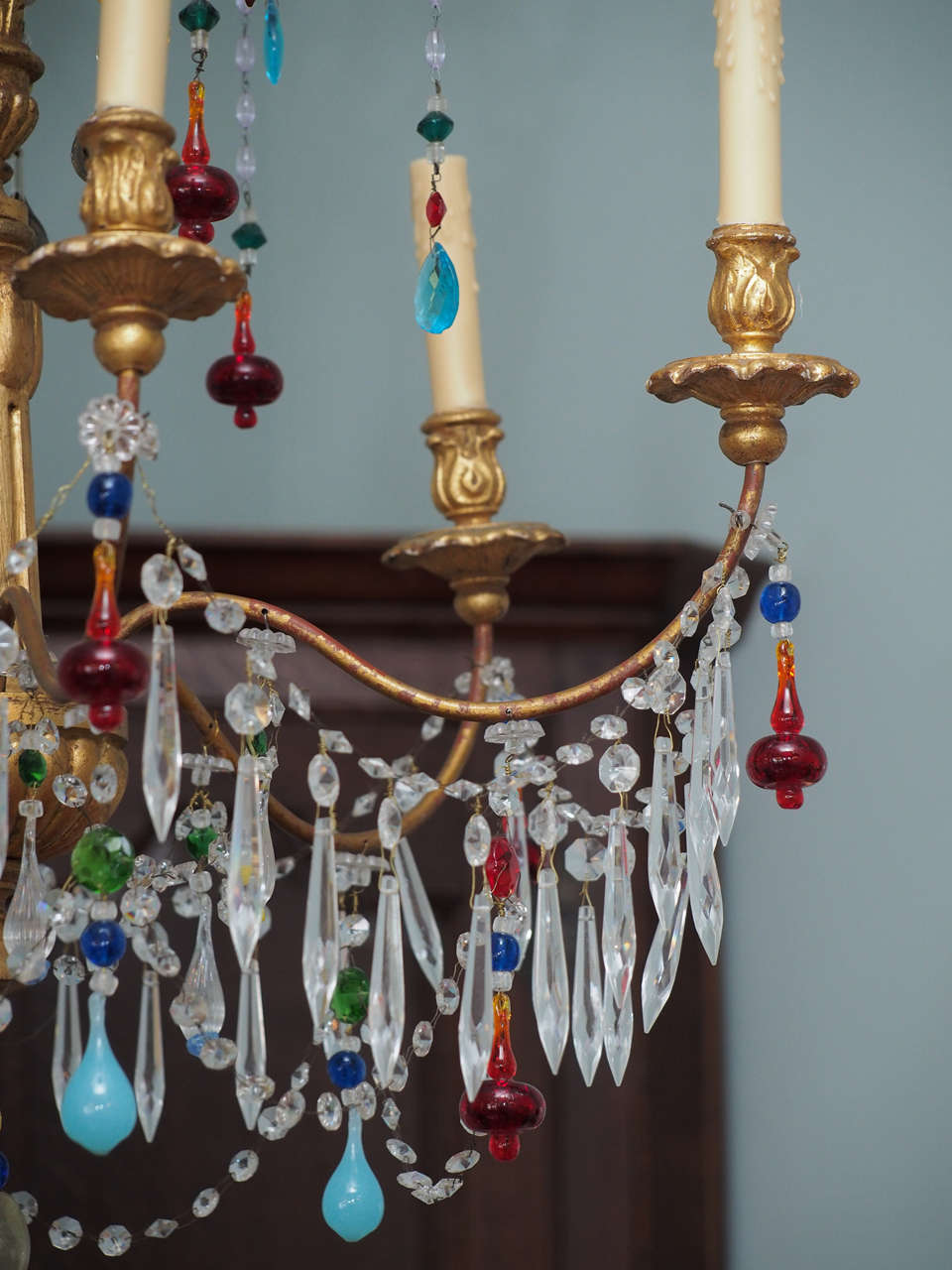 Crystal Genovese Chandelier with Colored Murano Glass, circa 1920 For Sale