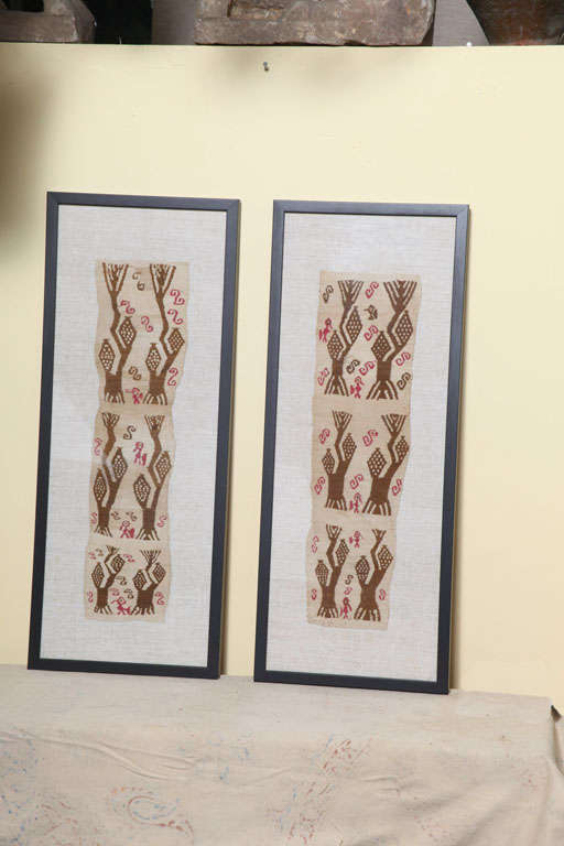 These fragments are from the north coast of Peru. Authentic hand weave silt tapestry. The subject is birds and cactus trees.<br />
The fragments are framed professionally .