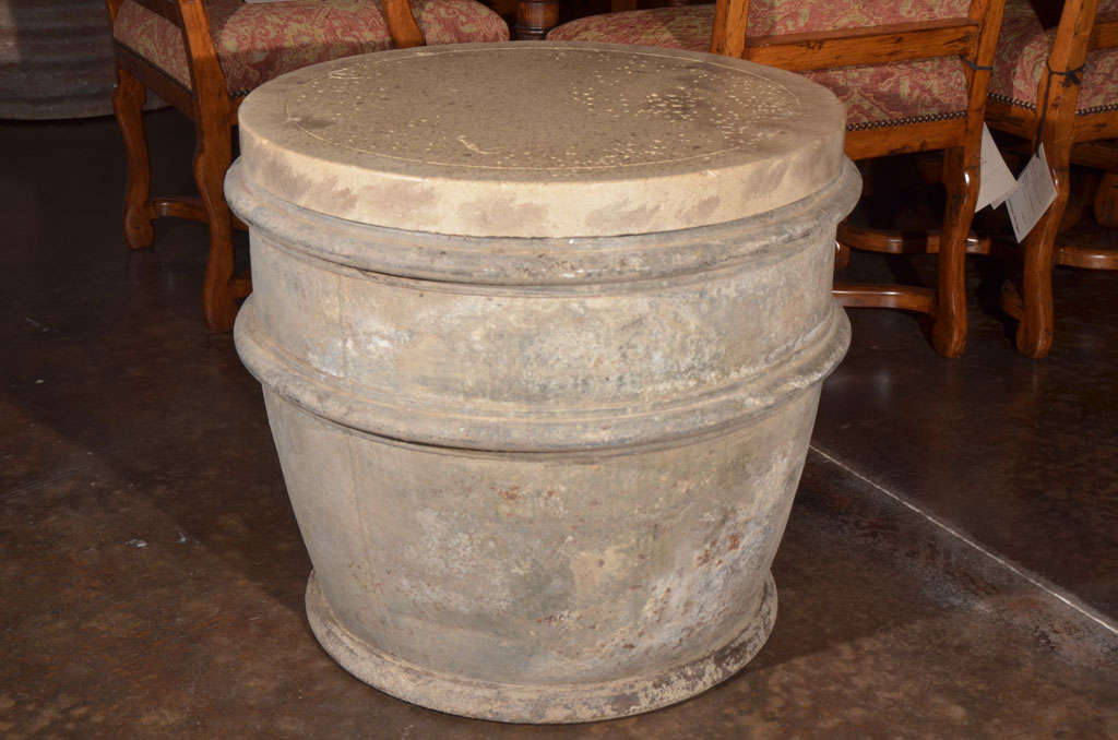Antique French Storage Barrel Reduced to End Table with Limestone Top