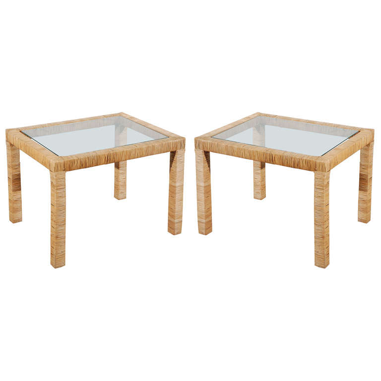 Pair of Bielecky Bros. Parsons Style Cane Wrapped End Tables