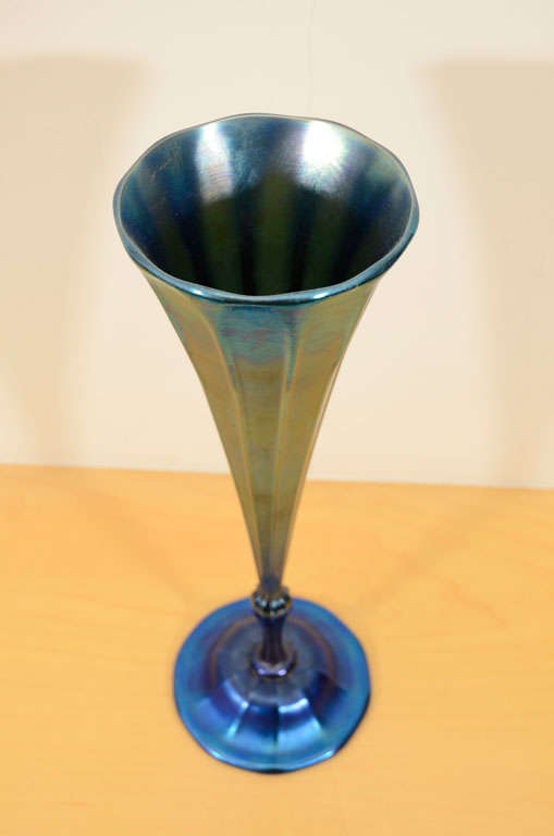 Tiffany Studios Blue Trumpet Vase In Excellent Condition For Sale In New York, NY