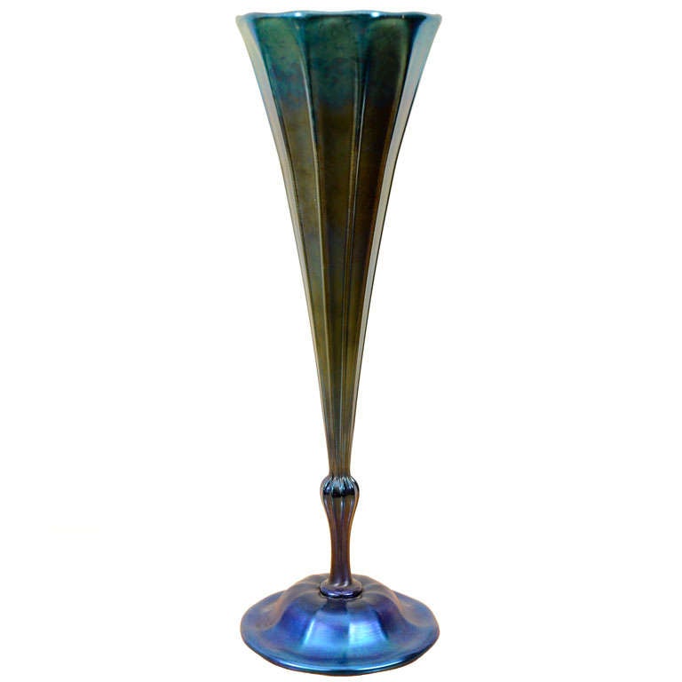 Tiffany Studios Blue Trumpet Vase For Sale