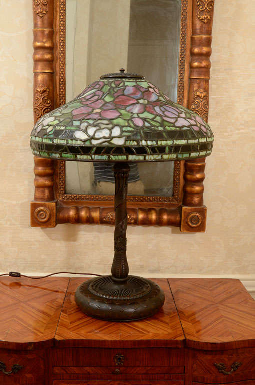 Tiffany Studios Peony Leaded and bronze table lamp<br />
shade stamped Tiffany Studios, New York, base stamped Tiffany Studios, New York 29731  <br />
Formally in the collection of the Virginia Museum of Fine Arts