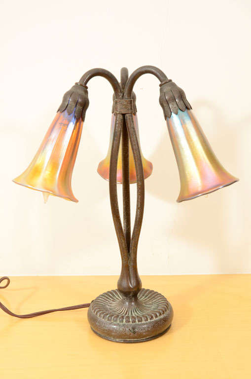 Tiffany studios 3 light lily lamp with beautiful gold favrile lily glass shades, all 3 shades are signed 