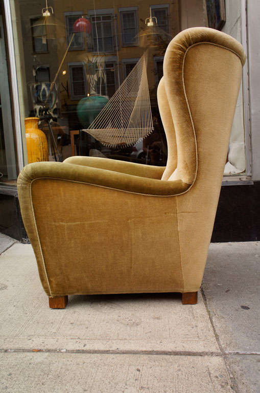 Large comfy fireside chair, well built, c 1940's, Danish mid-century modern upholstered with channelled back in goldish mohair