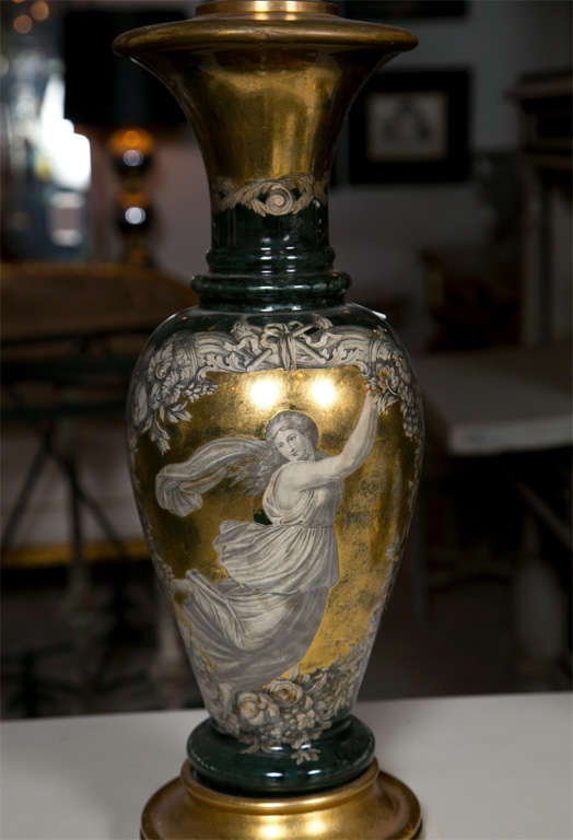 Classical Greek Pair Classical Design Table Lamps Urn Shape Form Reverse Glass Depicting Goddess For Sale