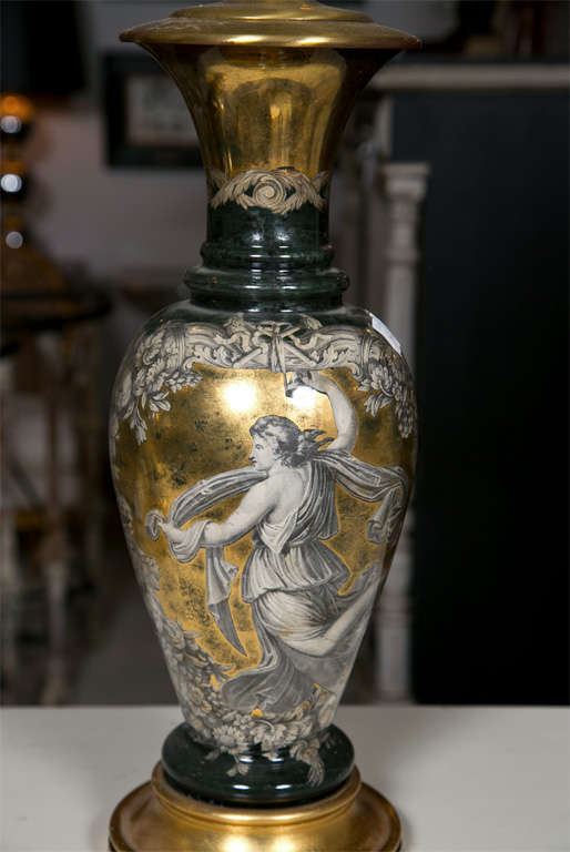 American Pair Classical Design Table Lamps Urn Shape Form Reverse Glass Depicting Goddess For Sale