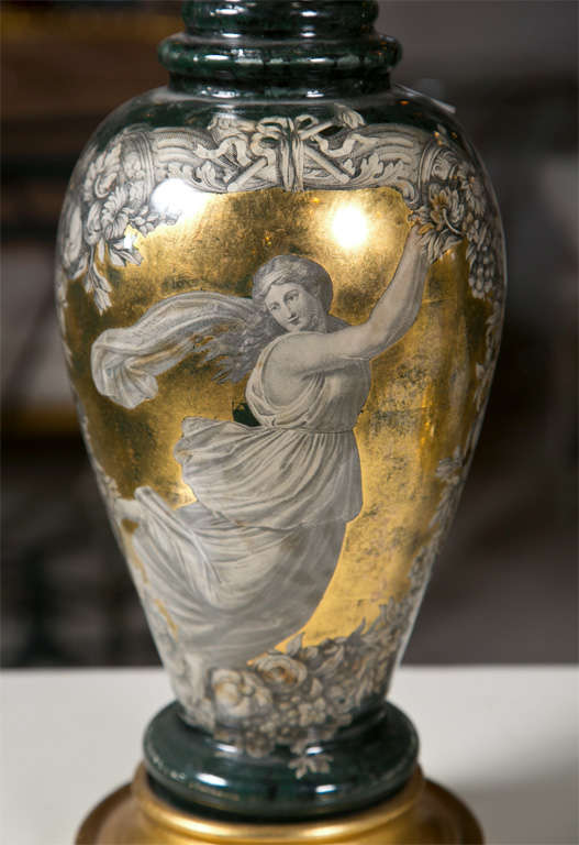 Pair Classical Design Table Lamps Urn Shape Form Reverse Glass Depicting Goddess In Good Condition For Sale In Stamford, CT