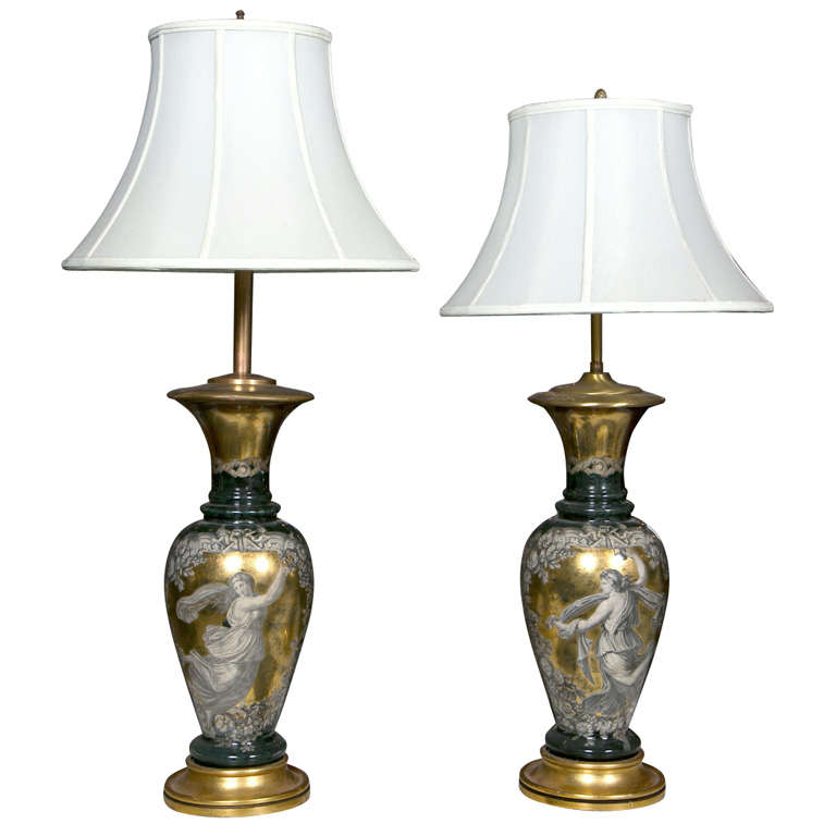 Pair Classical Design Table Lamps Urn Shape Form Reverse Glass Depicting Goddess For Sale
