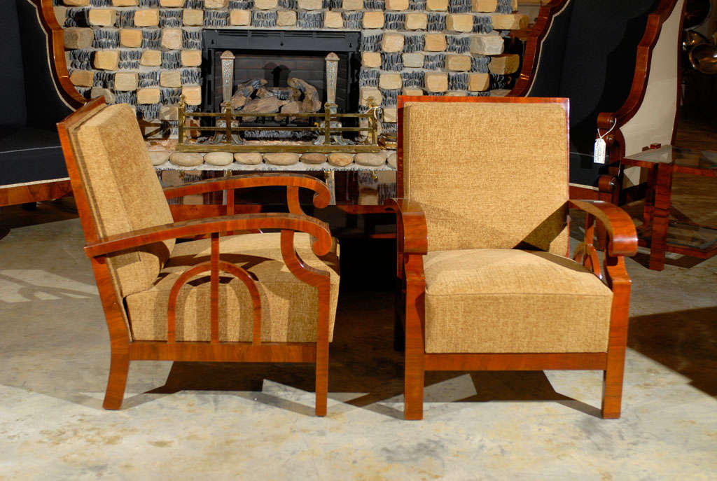 Pair of Art Deco chairs with Brown chenille fabric. Beautiful arm detail. Clean and sleek lines.