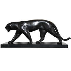 20th C. Regule Panther on Black Marble Base