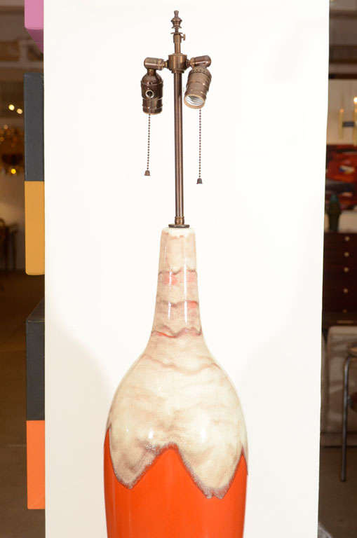 Pair of Italian Orange & Natural Glazed Ceramic Lamps