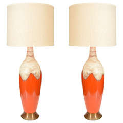 Pair of Italian Orange & Natural Glazed Ceramic Lamps