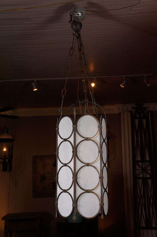 bronze pendant lamps - with traces of verdigris surface - six milk glass panels - hangs from ball and original chain - total height to canopy is 72