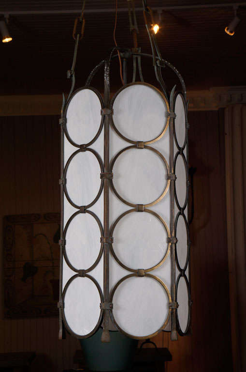 Bronze and Milk Glass Hexagonal Pendants In Good Condition In Hudson, NY