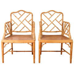 Chinese Faux Bamboo Chippendale-Style Arm Chairs, Pair
