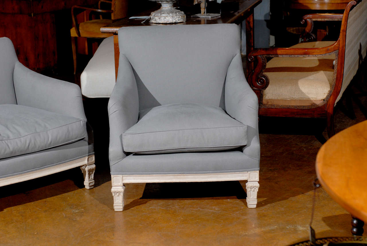 Painted Pair of French 19th Century “His & Hers” Club Chairs with Blue Grey Upholstery