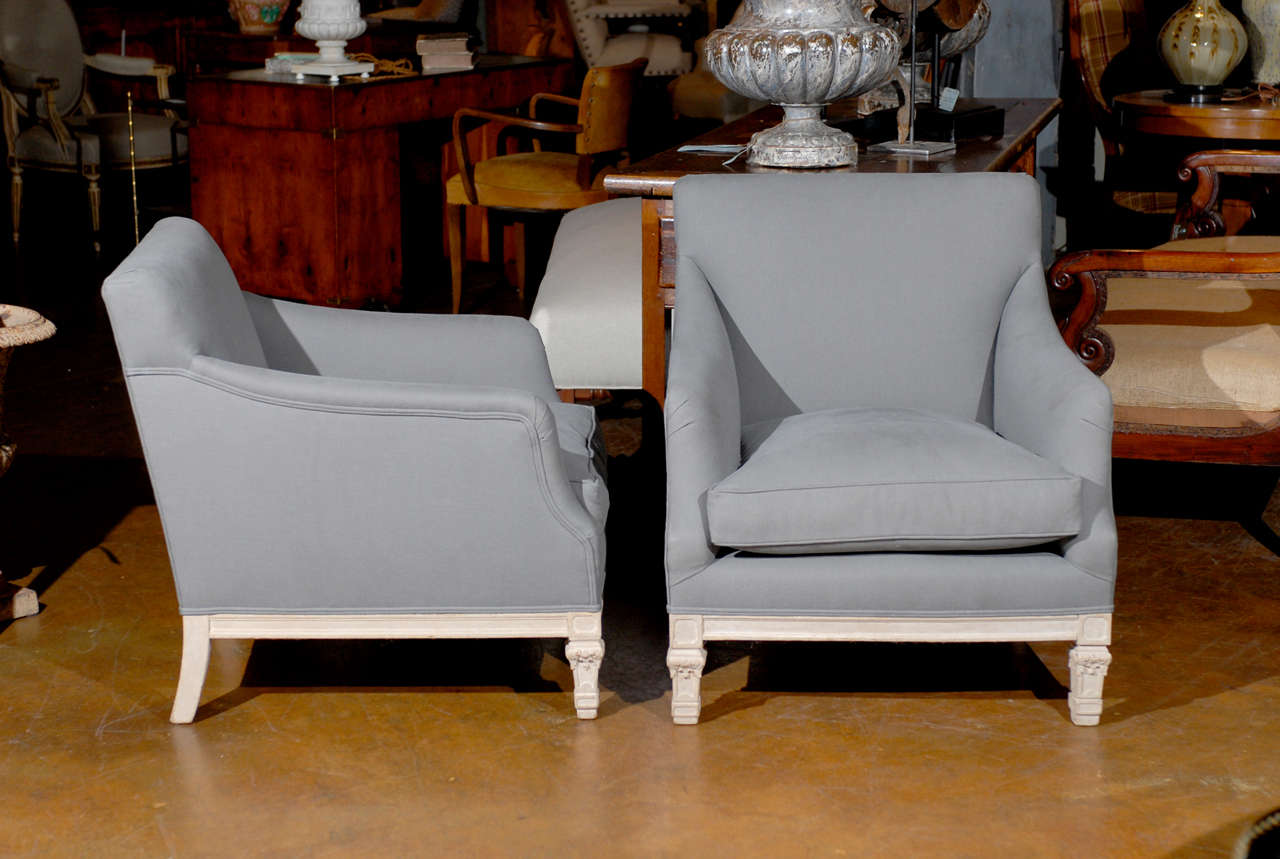 Pair of French 19th Century “His & Hers” Club Chairs with Blue Grey Upholstery In Excellent Condition In Atlanta, GA