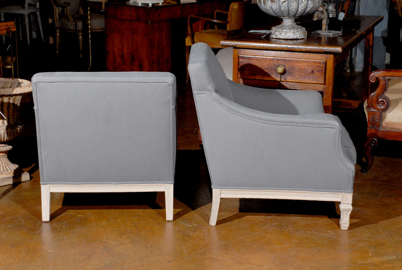 Pair of French 19th Century “His & Hers” Club Chairs with Blue Grey Upholstery 2