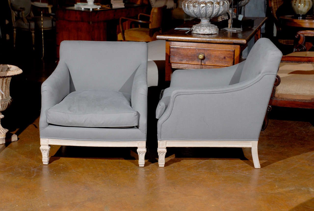 Pair of French 19th Century “His & Hers” Club Chairs with Blue Grey Upholstery 4