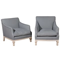 Pair of French 19th Century “His & Hers” Club Chairs with Blue Grey Upholstery