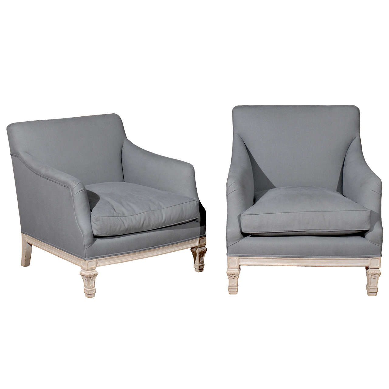 Pair of French 19th Century “His and Hers” Club Chairs with Blue Grey