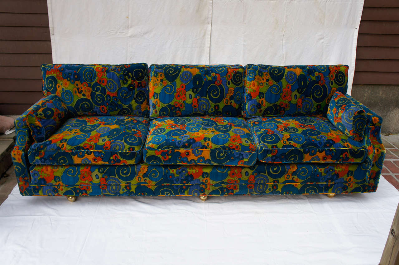 This sofa is sooo groovy baby, it will surely bring back your mojo!
Velvet stunning with very little ware at all. Just really on the piping in a couple of spots. Cushions, down feathers and perfect! No tears, no odor, practically new!
They even