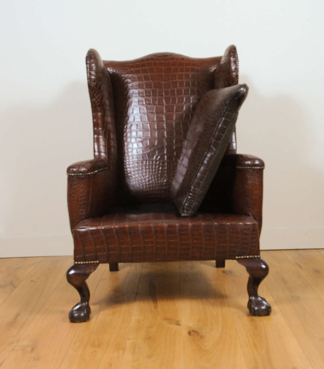 Queen Anne A Very Unusual And Chic Crocodile Upholstered Wing Chair. For Sale