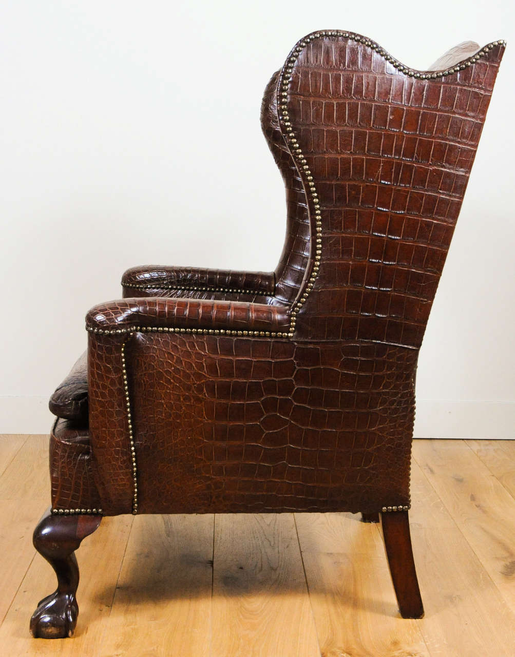 A Very Unusual And Chic Crocodile Upholstered Wing Chair. For Sale 4