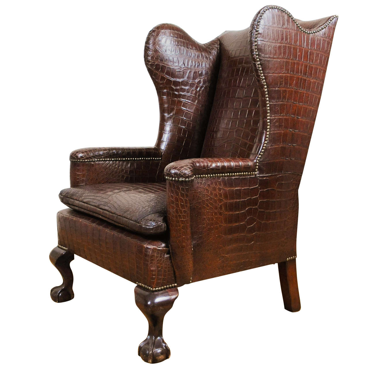 A Very Unusual And Chic Crocodile Upholstered Wing Chair. For Sale