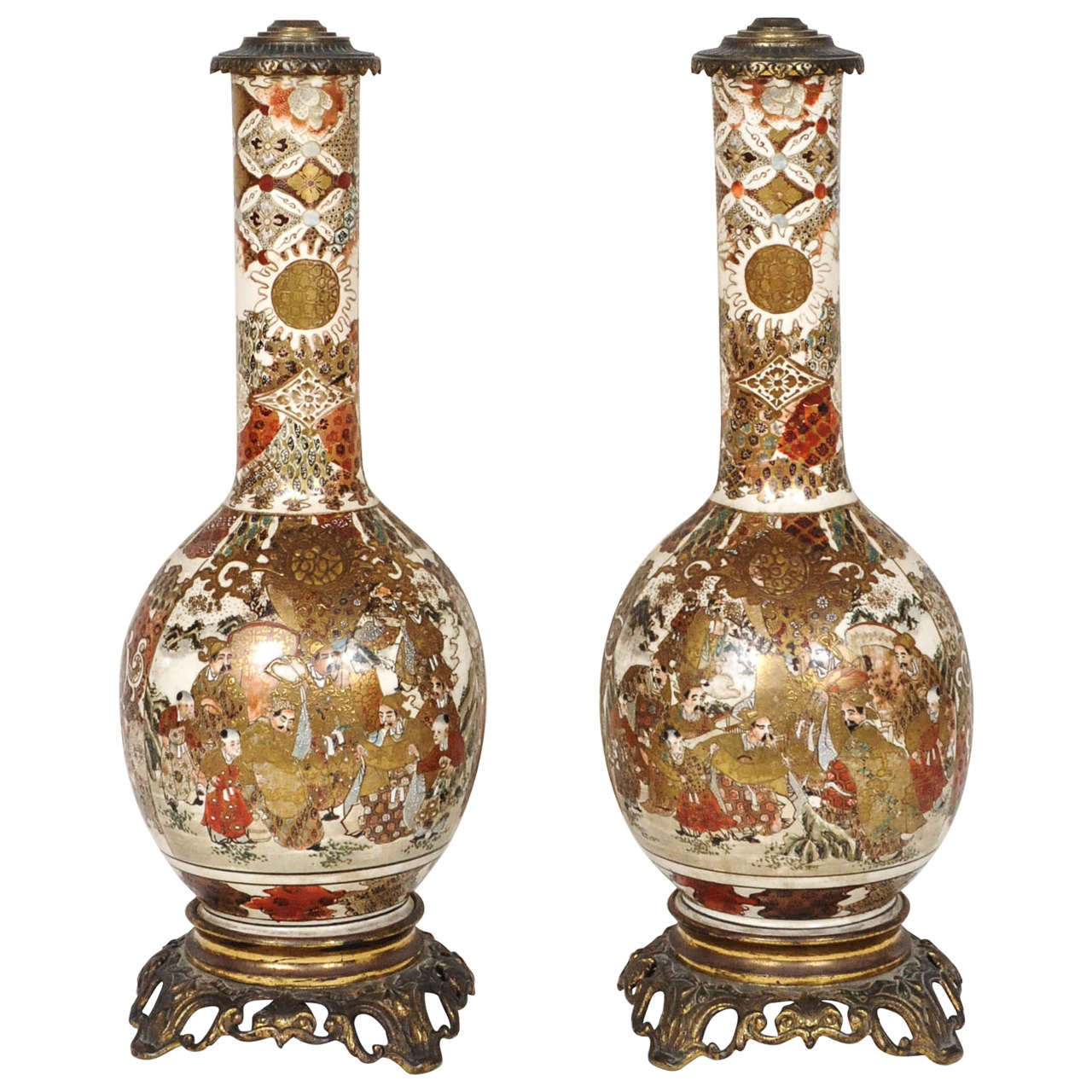 A fantastic pair of Satsuma lampstands, former oil-lamps. For Sale