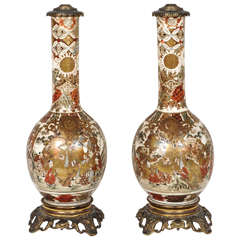 Antique A fantastic pair of Satsuma lampstands, former oil-lamps.