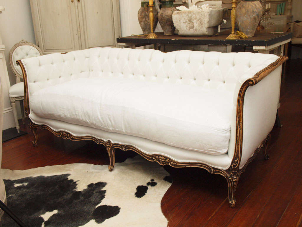 Antique French Sofa in Belgian Linen and Down Cushion