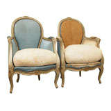 Pair 19th c. Louis XV Bergeres in Original Blue Satin Upholstery