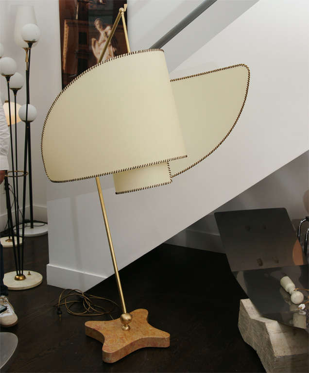 Italian Floor Lamp Designed by Carlo Mollino in the 40s<br />
A Parchment Shade with  Black Contrast Stitching Connected to a  Brass Articulated Arm Standing on a  Marble Star Shaped Base.