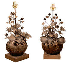 Vintage Pair Of Mid C Tole Floral Lamps With Butterflies