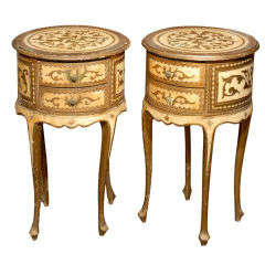Pair Of 20thc Round Bedside Tables, Cream & Gold