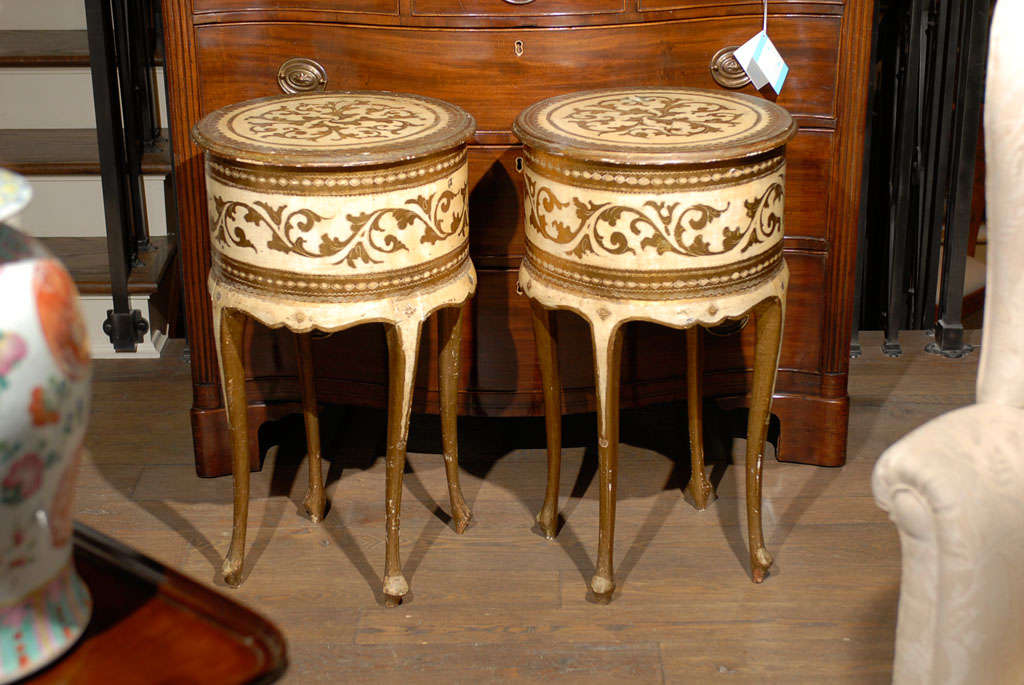 Pair Of 20thc Round Bedside Tables, Cream and Gold at 1stdibs