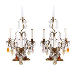 A Pair of 1920's Crystal and Bronze Candelabra Lamps