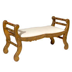 Unusual Gilded Bench with Upturned Arms and Swag Apron